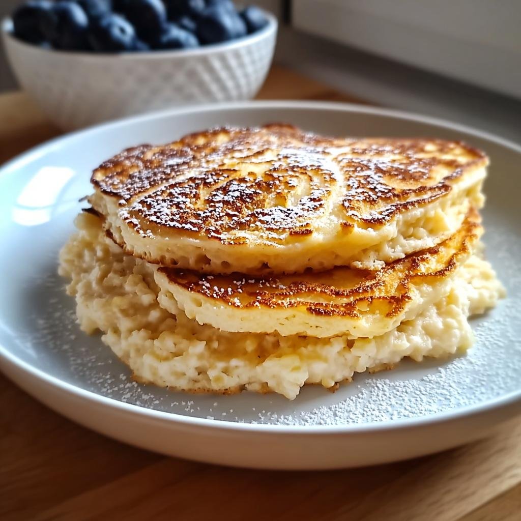 Stapel von fluffigen Quark-Taler mit Haferflocken, bestäubt mit Puderzucker, auf einem Teller.