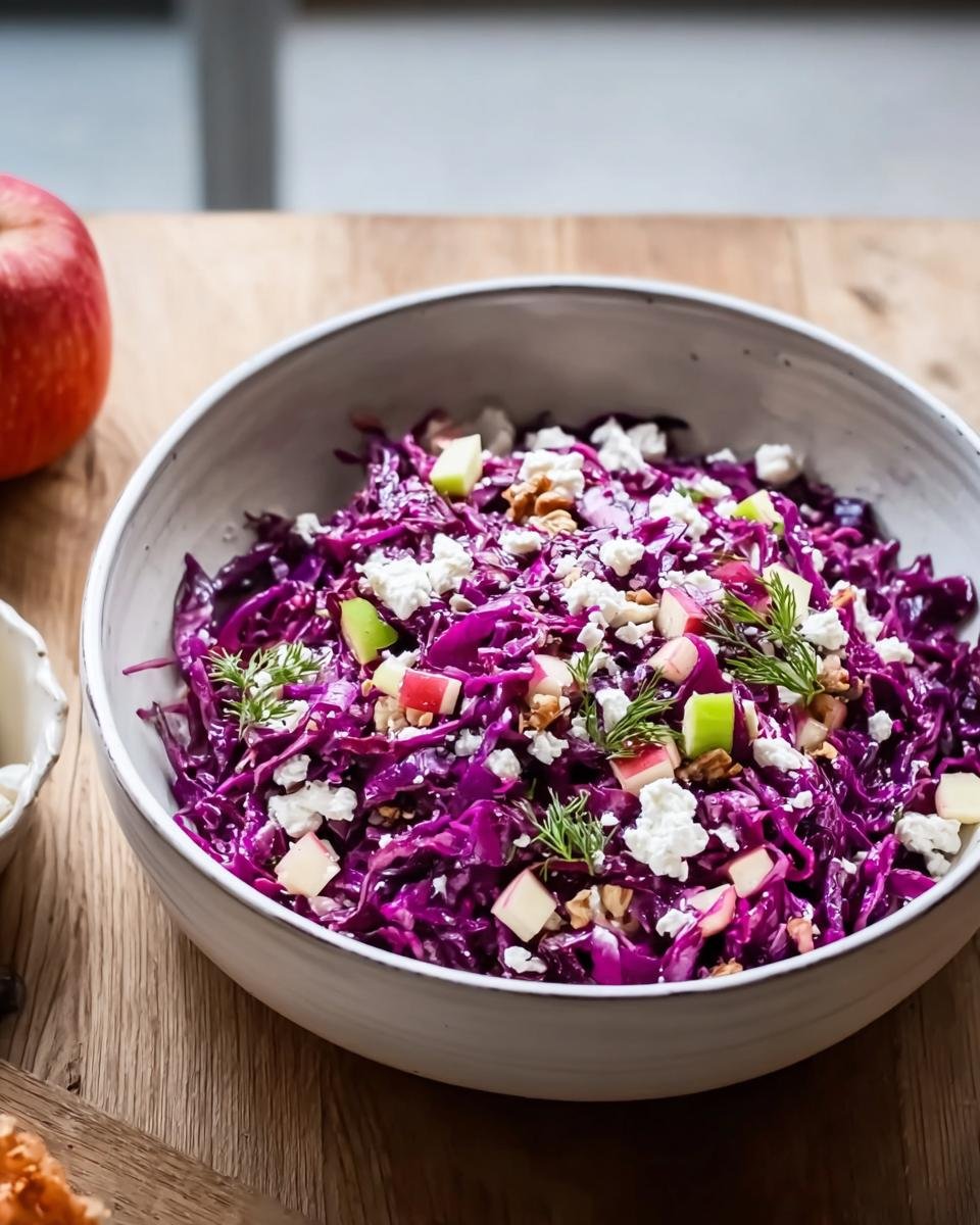 Schüssel mit frischem Rotkohlsalat mit Apfel und Feta, garniert mit Walnüssen und Dill.