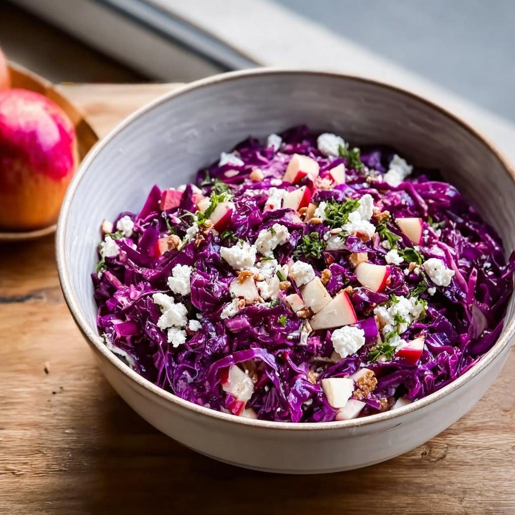 Nahaufnahme von Rotkohlsalat mit Apfel und Feta, garniert mit Nüssen und Petersilie in einer hellen Schüssel.
