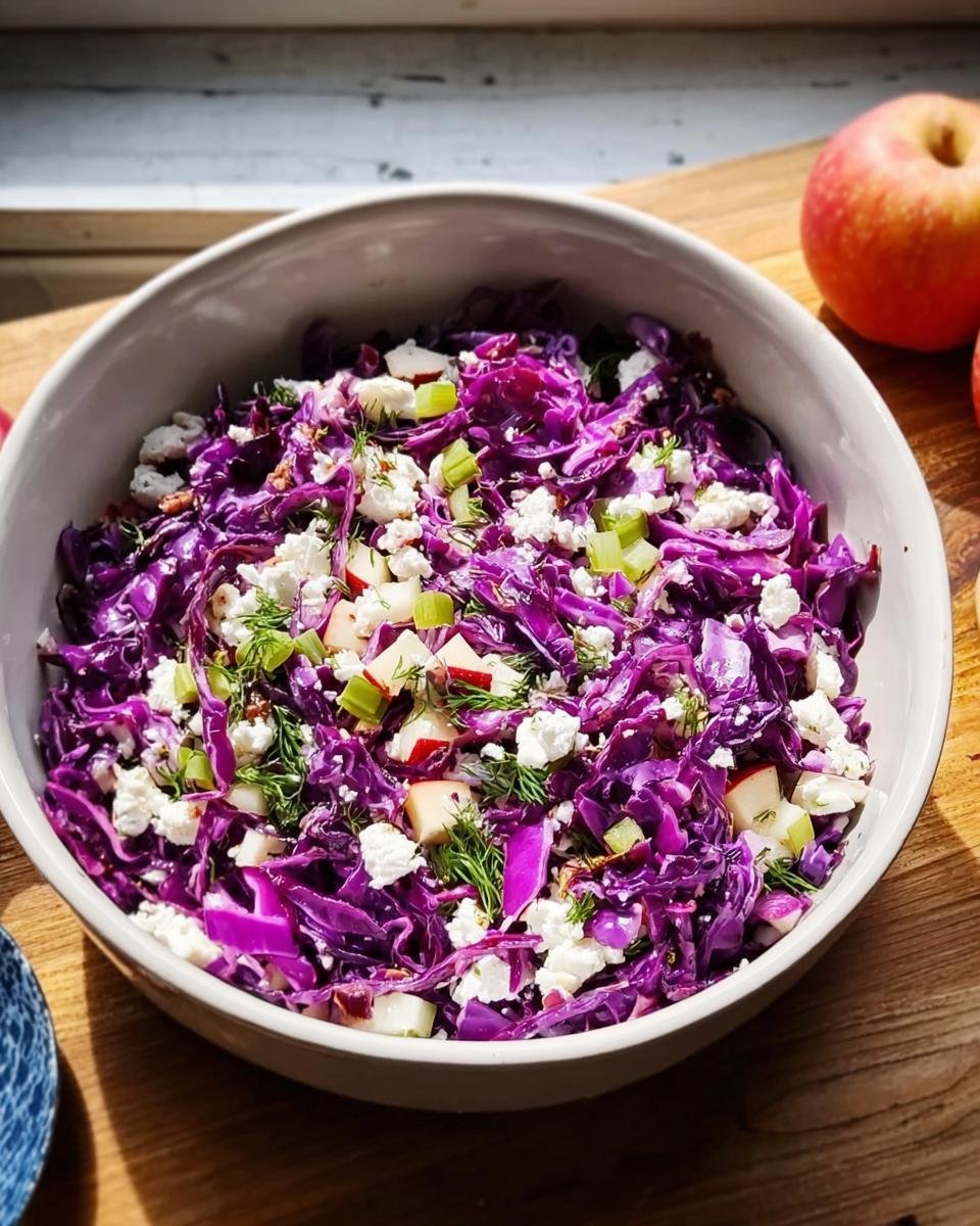 Eine große Schüssel mit leuchtend violettem Rotkohlsalat mit Apfelstücken, Feta und frischem Dill.