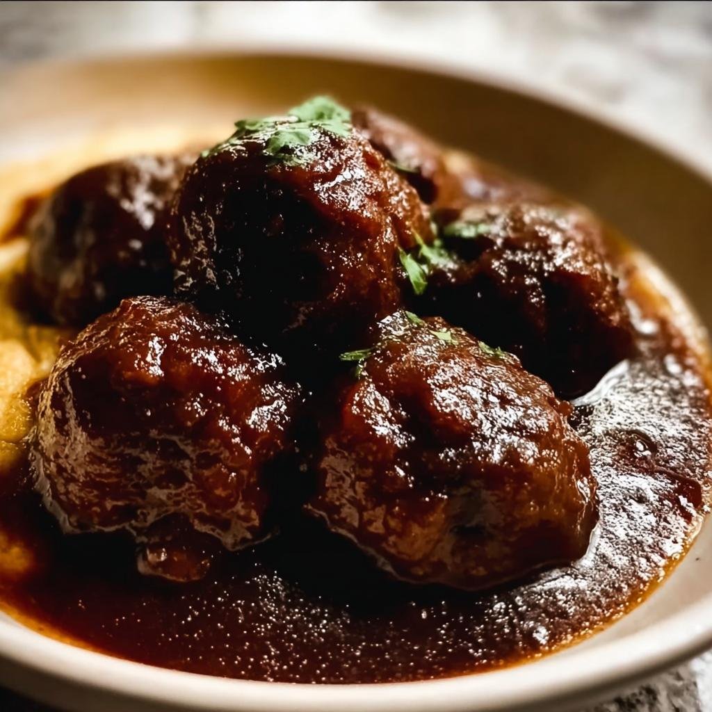 Nahaufnahme von saftigen Rotwein geschmorte Fleischbällchen in einer dunklen Soße, garniert mit Petersilie.