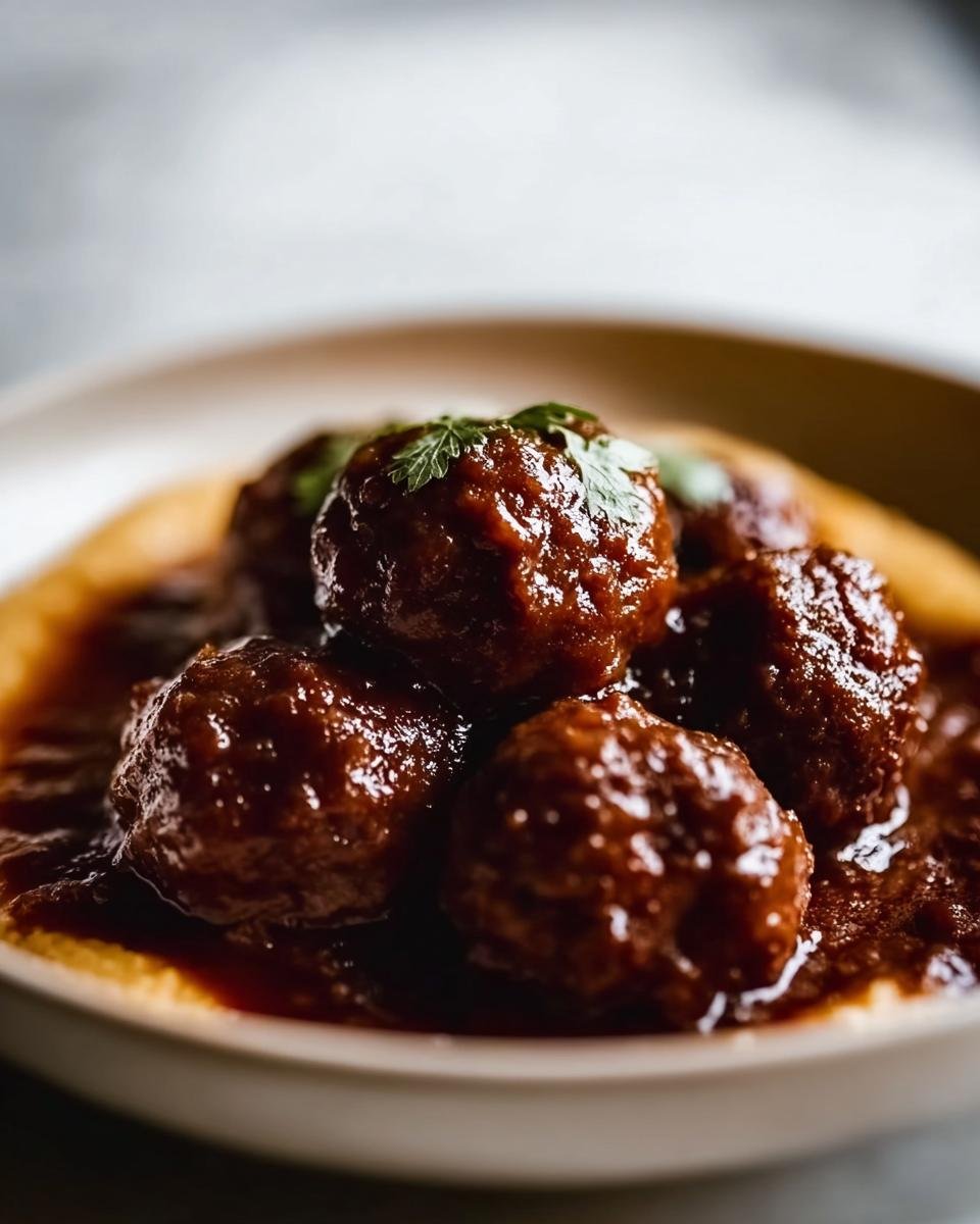 Nahaufnahme von saftigen Rotwein geschmorte Fleischbällchen in dunkler Sauce, garniert mit Petersilie.