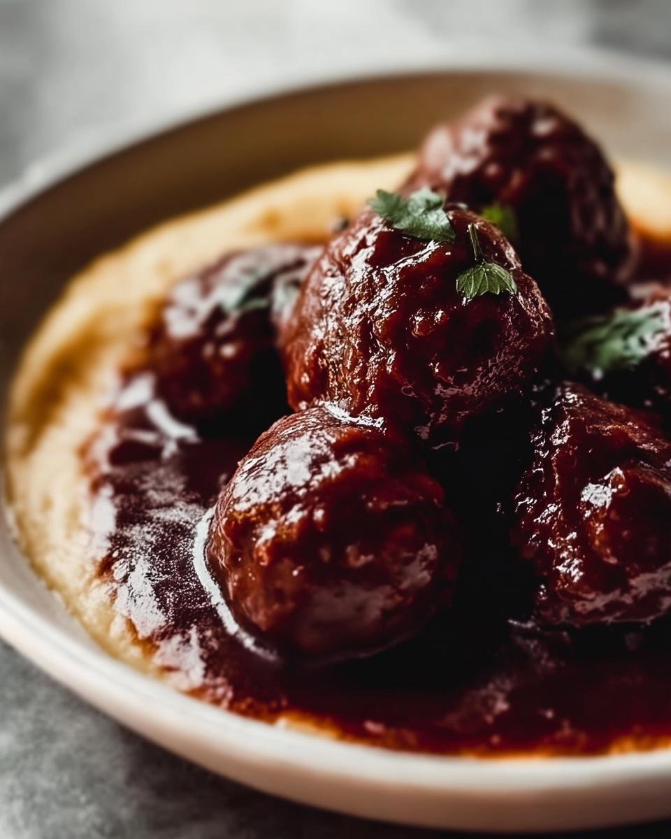 Nahaufnahme von Rotwein geschmorte Fleischbällchen in dunkler Soße auf cremigem Polenta.