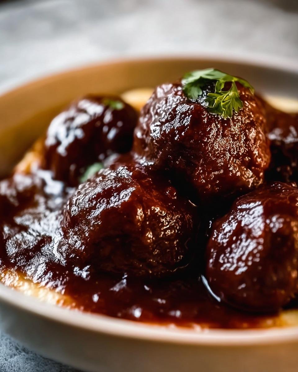 Nahaufnahme von saftigen Rotwein geschmorte Fleischbällchen in einer dunklen, glänzenden Sauce, garniert mit Petersilie.