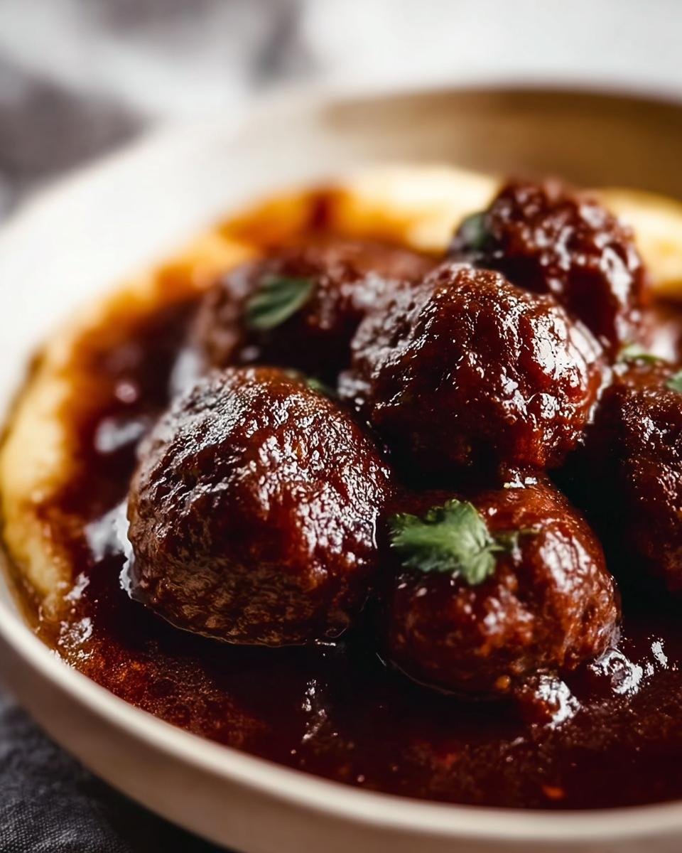 Nahaufnahme von saftigen Rotwein geschmorte Fleischbällchen in einer tiefroten Sauce, serviert mit einem cremigen Püree.