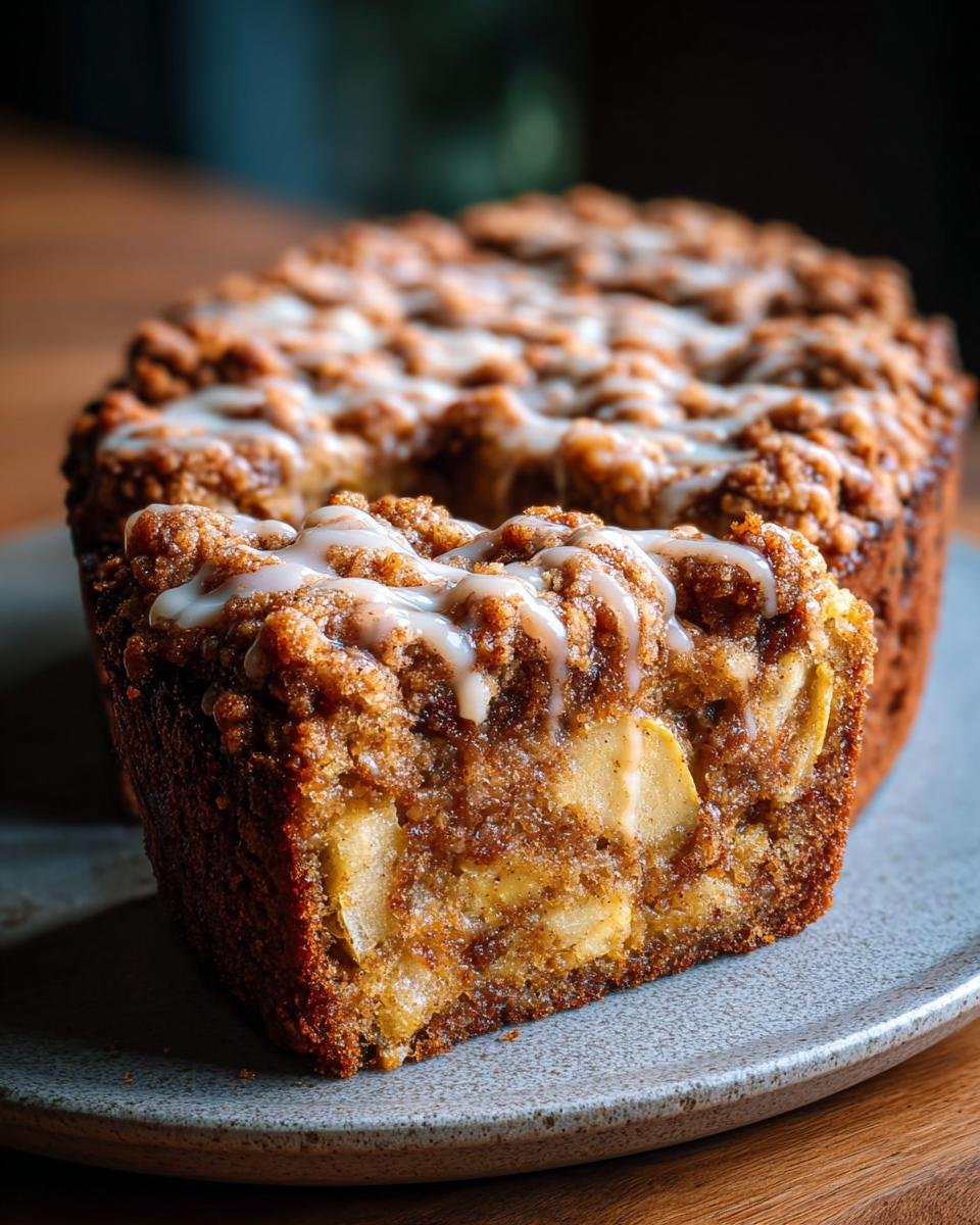 Angeschnittenes Stück Saftiger Apfel-Zimt-Crumble-Kuchen mit Zimtstreuseln und Zuckerguss.