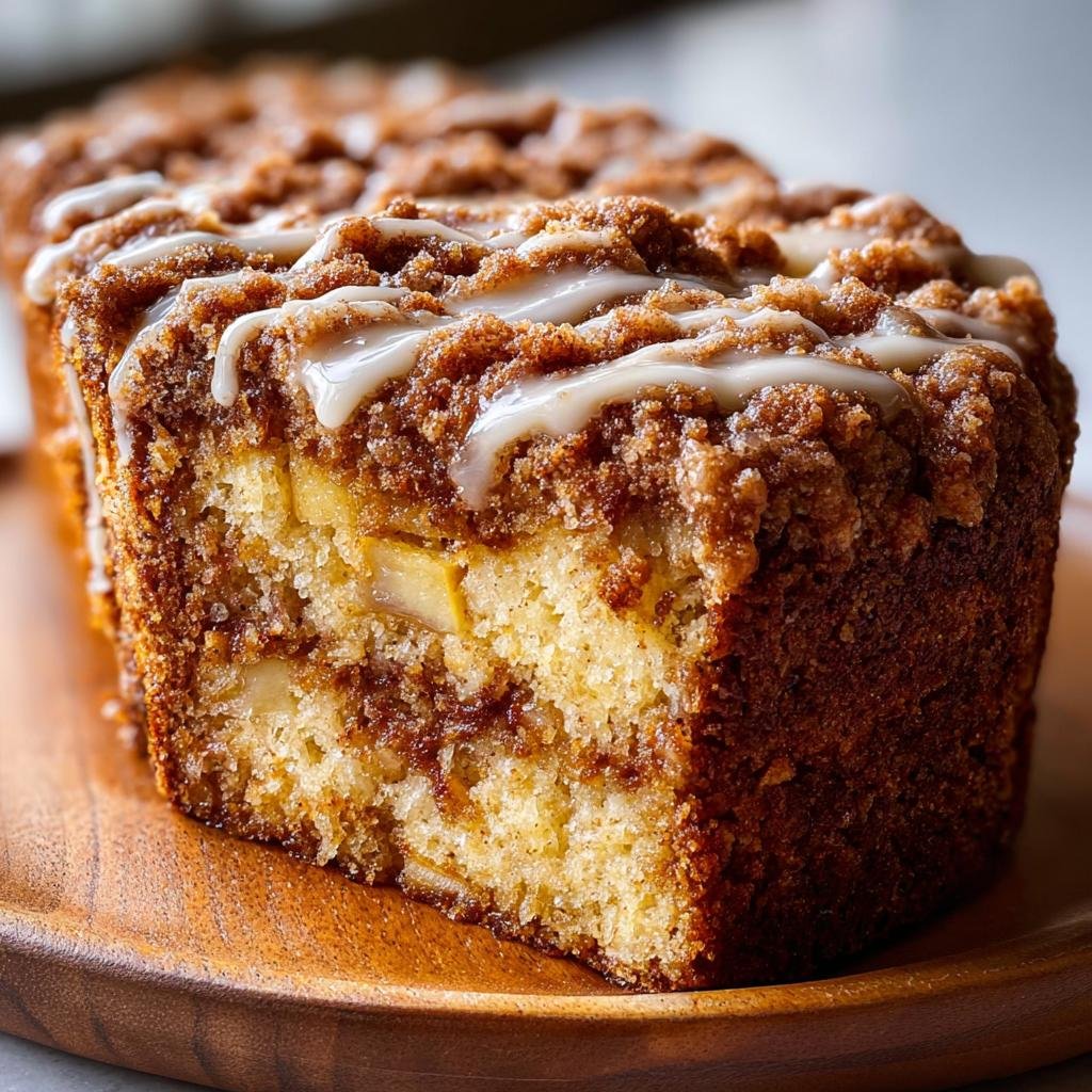 Anschnitt eines saftigen Apfel-Zimt-Crumble-Kuchens mit Zimtstreuseln und Zuckerguss.