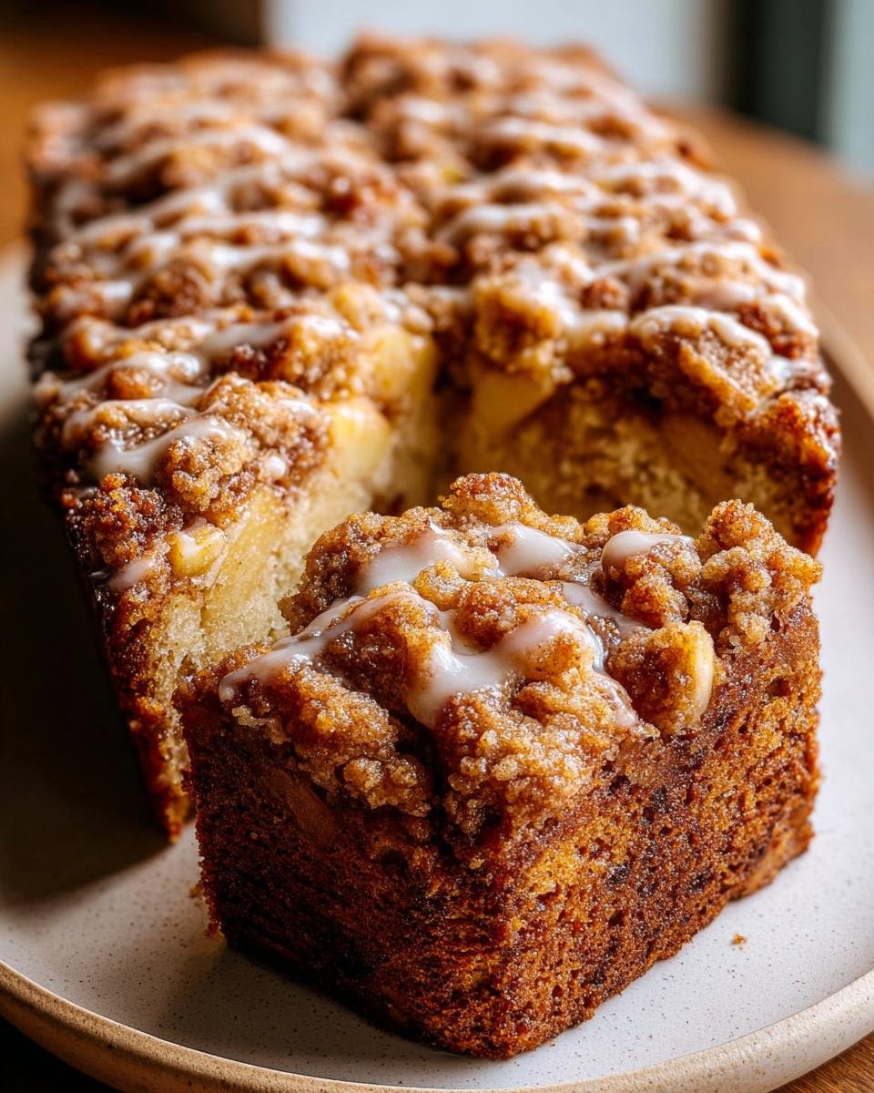 Nahaufnahme eines saftigen Apfel-Zimt-Crumble-Kuchens mit Zimtstreuseln und Zuckerguss.