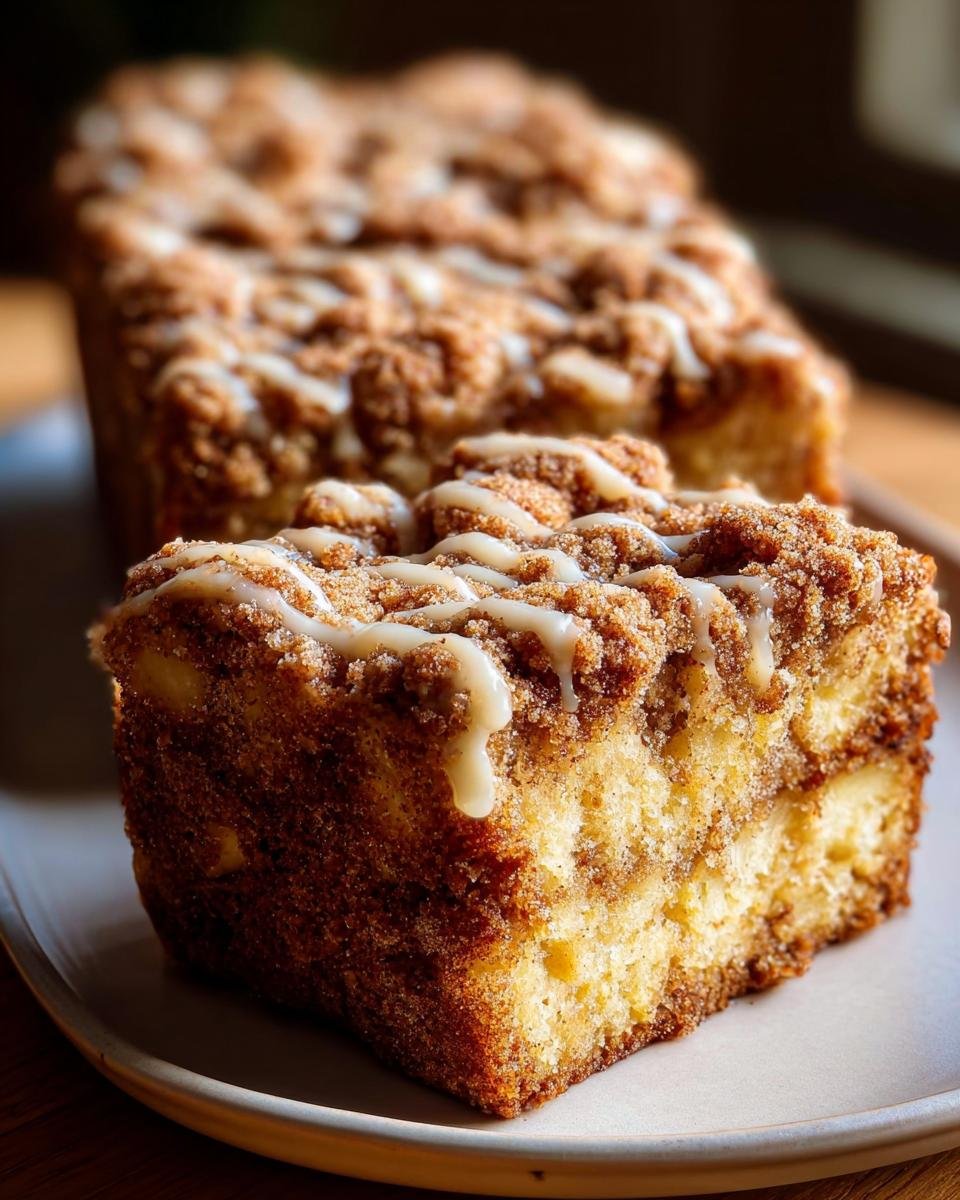 Nahaufnahme eines Stücks Saftiger Apfel-Zimt-Crumble-Kuchen mit Zimtstreuseln und Zuckerguss.