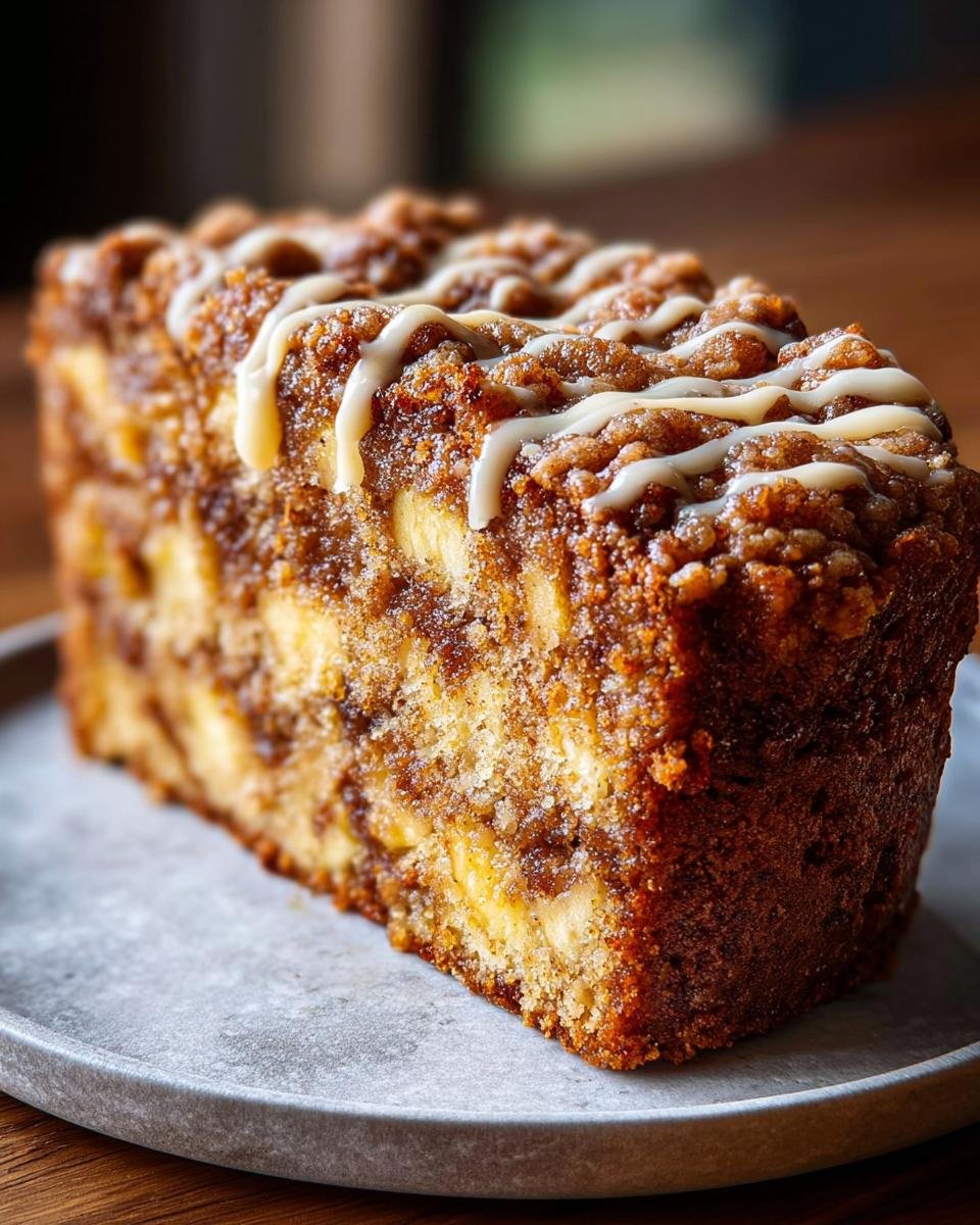 Nahaufnahme eines Stücks Saftiger Apfel-Zimt-Crumble-Kuchen mit knuspriger Zimtstreusel-Decke und Zuckerguss.
