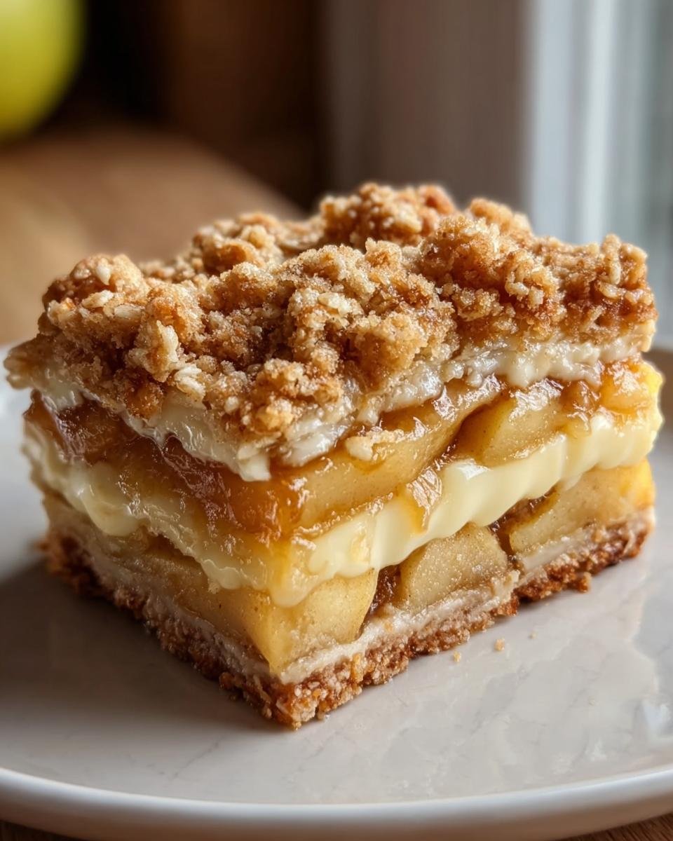Ein Stück Saftiger Apfelkuchen mit Pudding und knusprigen Streuseln auf einem weißen Teller.