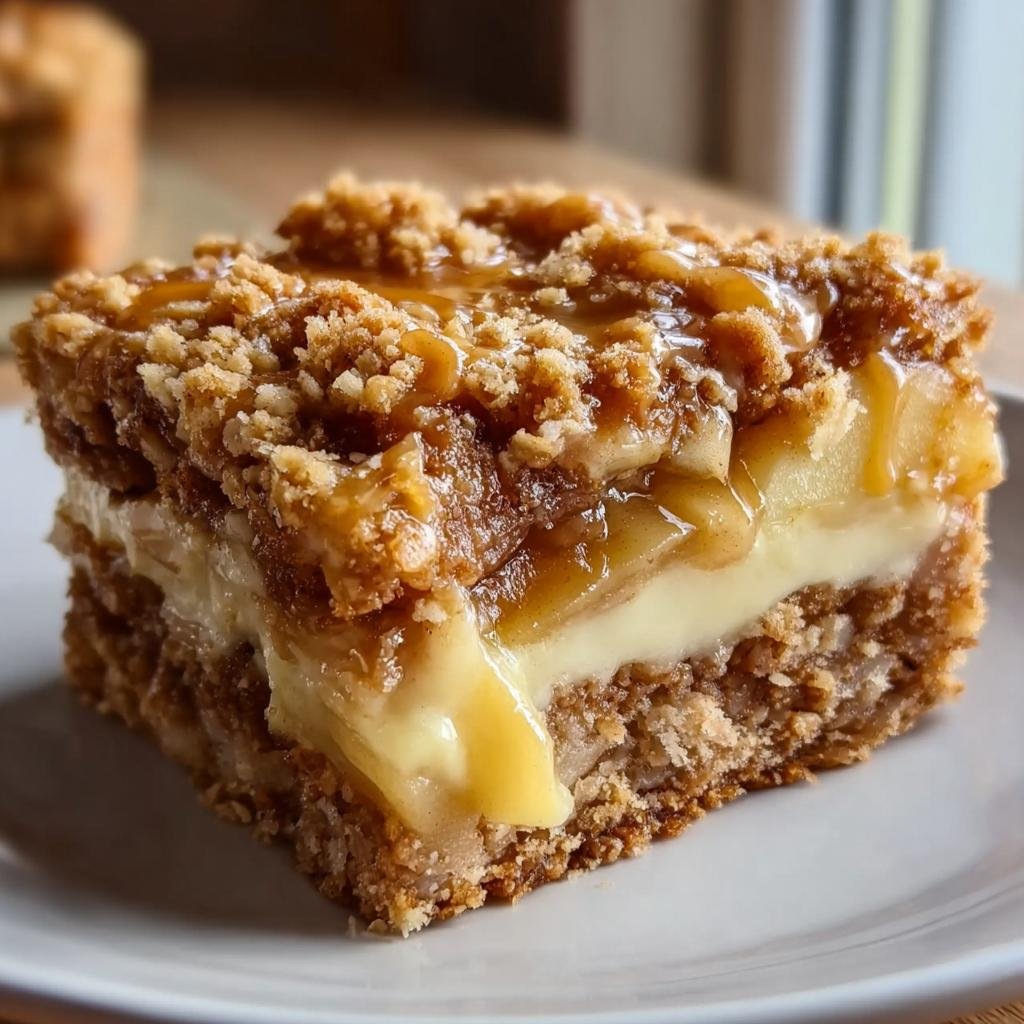 Nahaufnahme eines Stücks Saftiger Apfelkuchen mit Pudding, belegt mit Karamell und Streuseln.