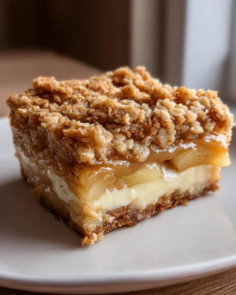 Nahaufnahme eines Stücks Saftiger Apfelkuchen mit Pudding, das Schichten aus knusprigen Streuseln, Äpfeln und cremiger Puddingfüllung zeigt.