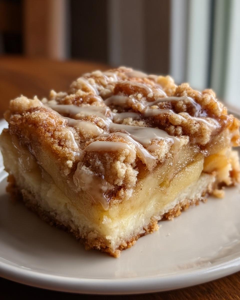 Ein Stück Saftiger Apfelkuchen mit Pudding, belegt mit knusprigen Streuseln und Zuckerguss auf einem Teller.