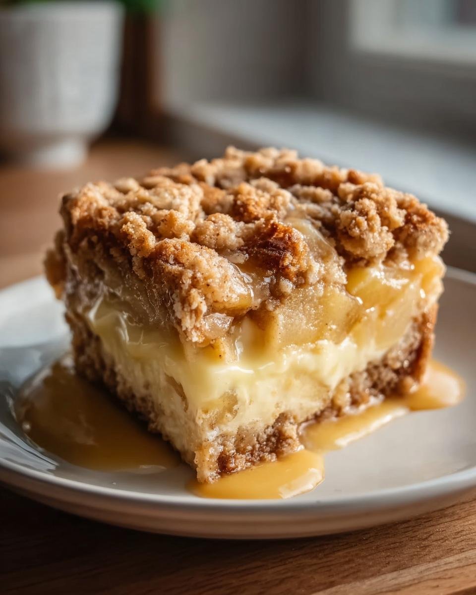 Ein saftiges Stück Apfelkuchen mit Puddingfüllung, bedeckt mit knusprigen Streuseln und Karamellsauce.