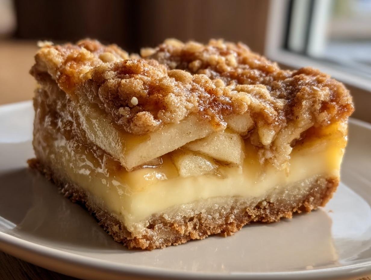 Nahaufnahme eines Stücks Saftiger Apfelkuchen mit Pudding, belegt mit karamellisierten Äpfeln und knusprigen Streuseln.