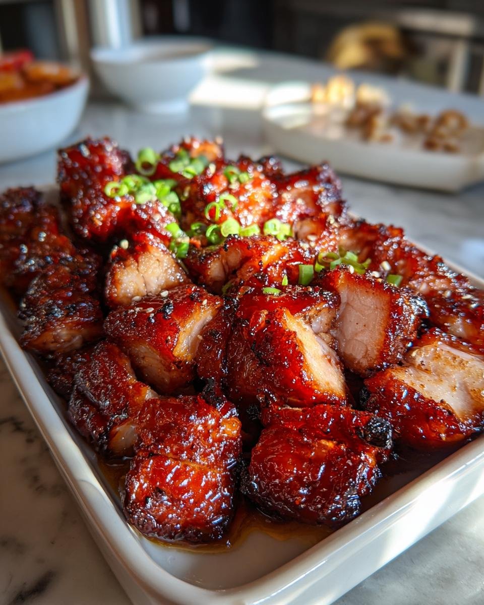 Nahaufnahme von saftigem, glasiertem Char Siu Chicken, garniert mit Frühlingszwiebeln, serviert auf einem weißen Teller.