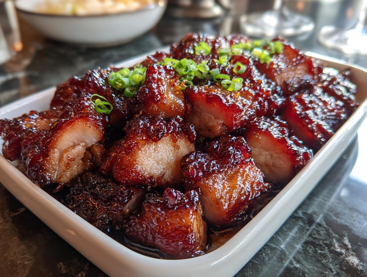 Nahaufnahme von saftigem Char Siu Chicken in Scheiben, glasiert und mit Frühlingszwiebeln garniert.