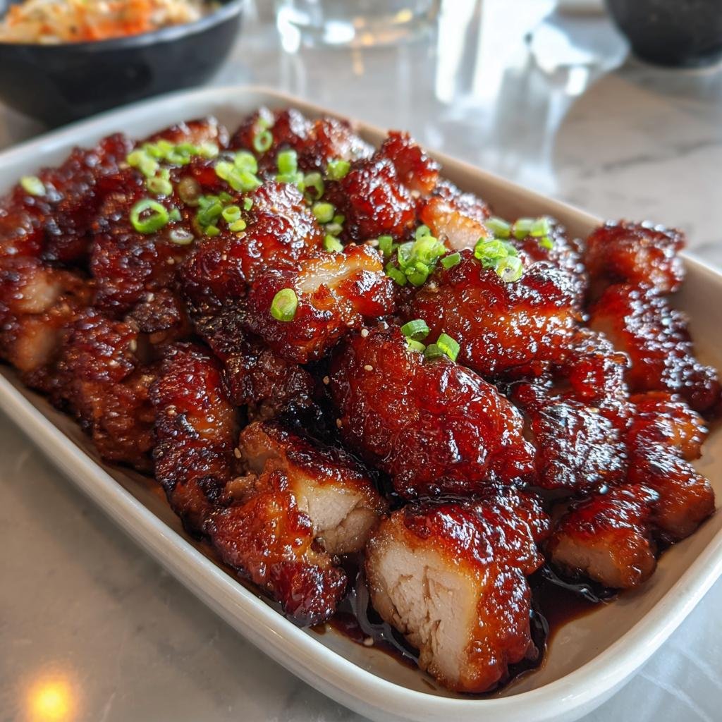 Nahaufnahme von saftigem Char Siu Chicken in einer glänzenden, dunklen Sauce, garniert mit Frühlingszwiebeln.