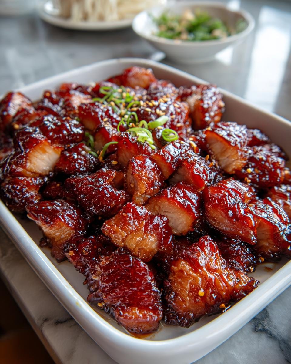 Nahaufnahme von saftigem, glasiertem Char Siu Chicken, in mundgerechte Stücke geschnitten und mit Sesam und Frühlingszwiebeln garniert.