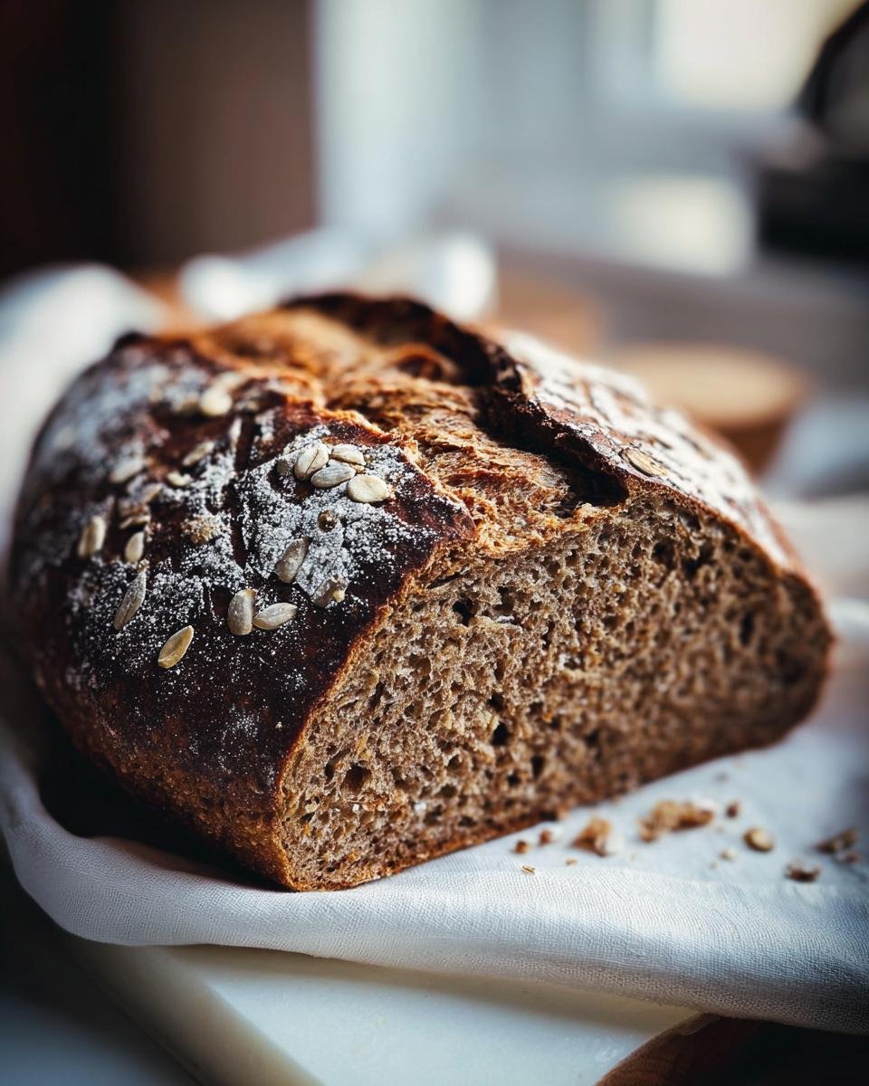 Angeschnittenes Laib Saftiges Vollkornbrot mit dunkler Kruste und Sonnenblumenkernen auf weißem Tuch.