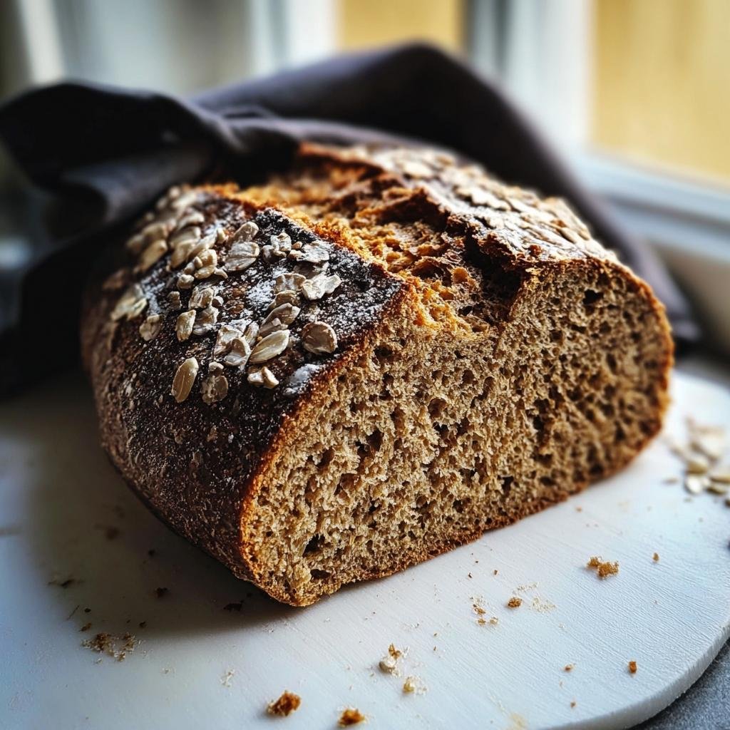 Angeschnittenes, saftiges Vollkornbrot mit einer Kruste bestreut mit Haferflocken, bereit zum Servieren.