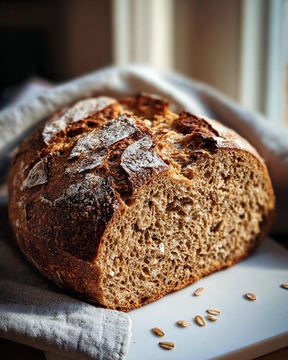 Anschnitt eines saftigen Vollkornbrotlaibs mit dunkler Kruste, bestäubt mit Mehl, daneben liegen Haferflocken.