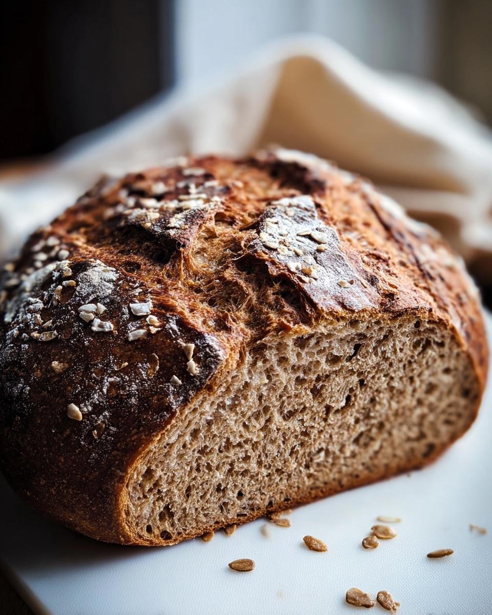 Anschnitt eines saftigen Vollkornbrotlaibs mit knuspriger Kruste und verstreuten Sonnenblumenkernen.