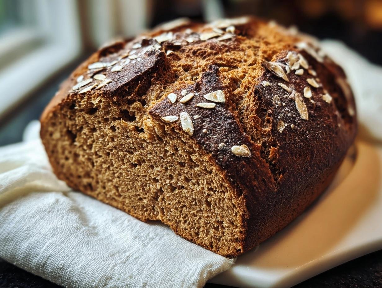 Ein angeschnittenes, saftiges Vollkornbrot, garniert mit Haferflocken, liegt auf einem weißen Tuch.