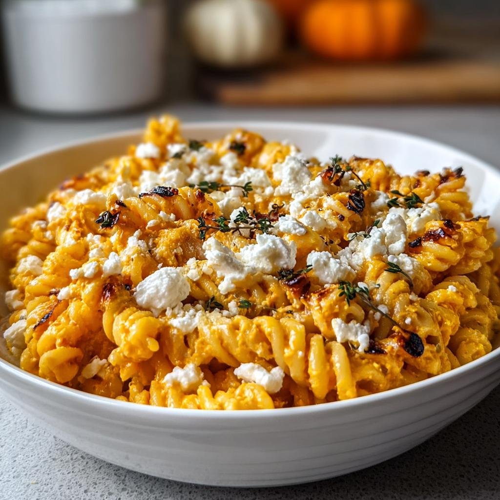 Nahaufnahme von cremiger Schnelle Feta-Kürbis-Pasta mit zerbröseltem Feta und Thymian.