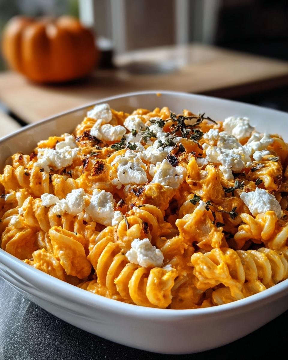 Nahaufnahme von Schnelle Feta-Kürbis-Pasta mit cremiger Kürbissauce und zerbröseltem Feta.