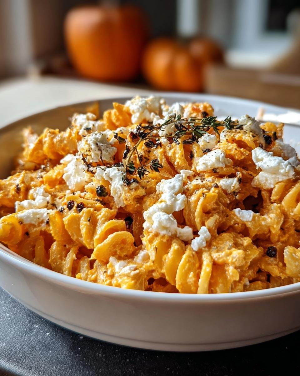 Nahaufnahme der Schnelle Feta-Kürbis-Pasta in einer weißen Schüssel, garniert mit zerbröseltem Feta und frischem Thymian.