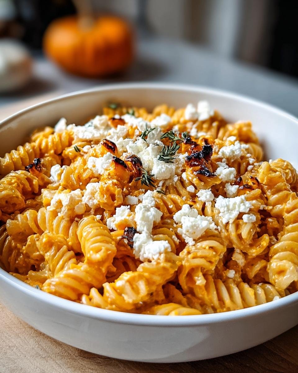 Nahaufnahme einer Schüssel Schnelle Feta-Kürbis-Pasta mit cremiger Kürbissauce und zerbröseltem Feta.