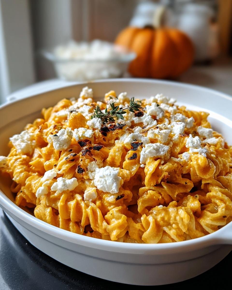 Nahaufnahme von Schnelle Feta-Kürbis-Pasta in einer weißen Schüssel, garniert mit zerbröseltem Feta und Thymian.