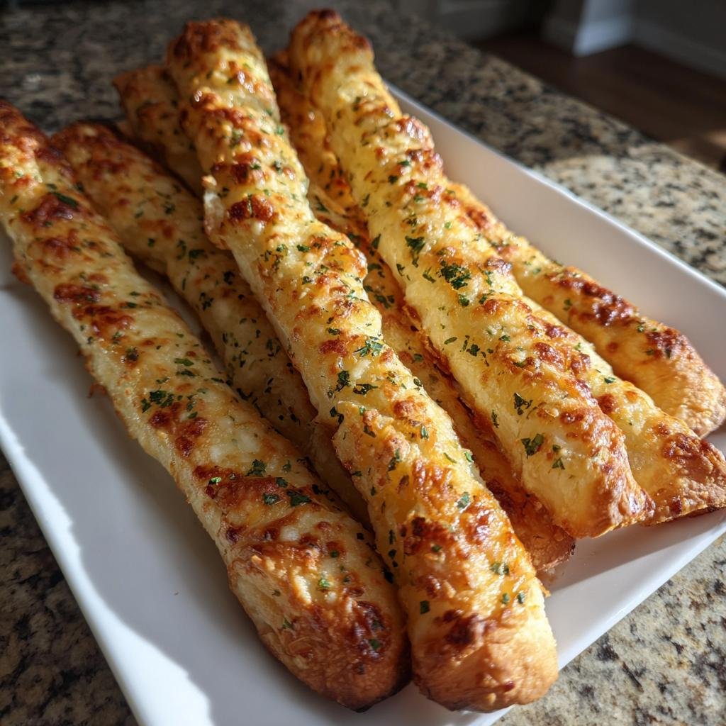 Ein Teller voller goldbrauner, knuspriger Schnelle Knoblauchstangen, bestreut mit Petersilie.