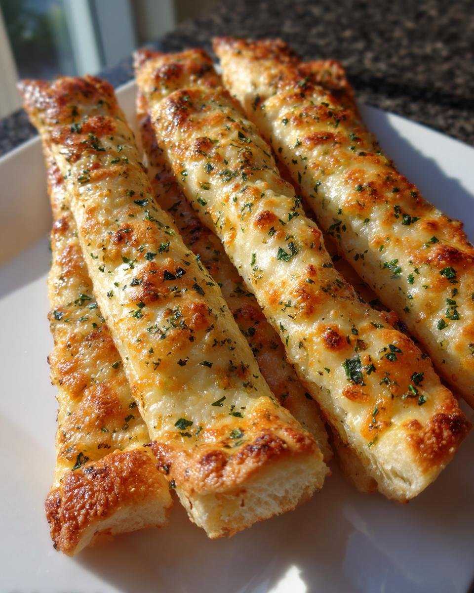 Nahaufnahme von goldbraunen, käsigen Schnelle Knoblauchstangen, bestreut mit Petersilie auf einem weißen Teller.