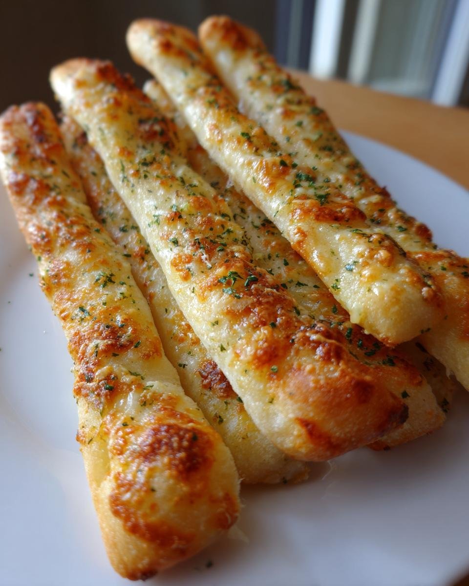 Nahaufnahme von goldbraunen Schnelle Knoblauchstangen, belegt mit geschmolzenem Käse und Petersilie.