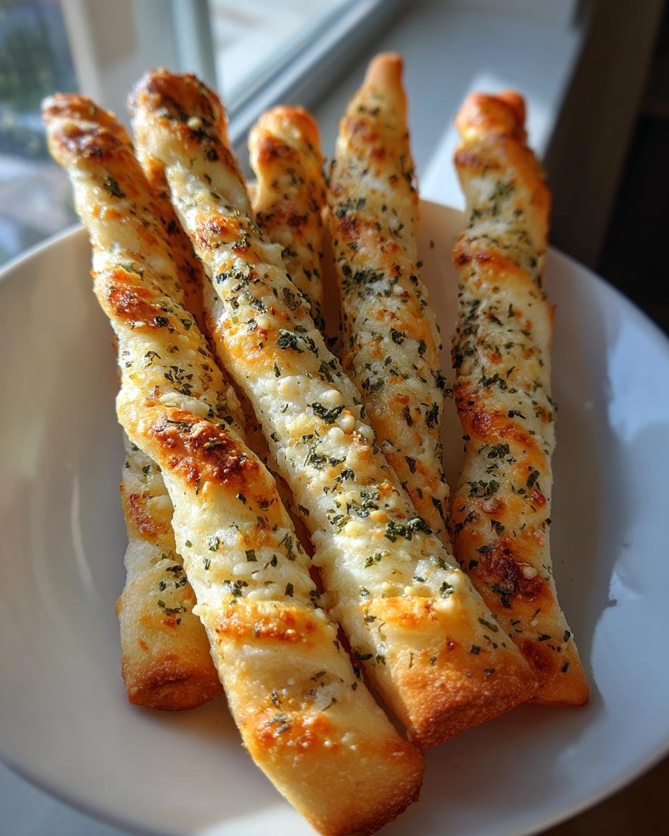 Nahaufnahme von goldbraunen, gedrehten Schnelle Knoblauchstangen, bestreut mit Kräutern und Käse.