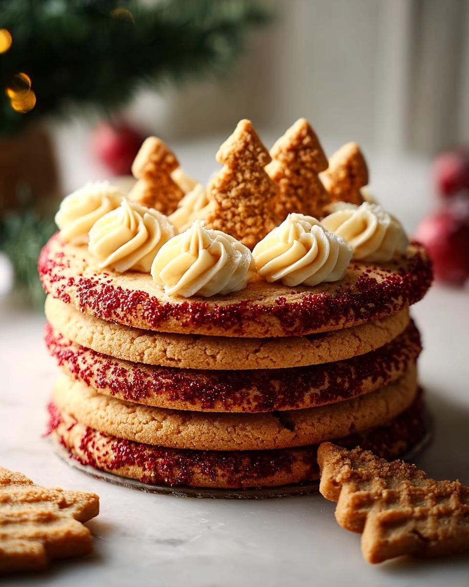 Stapel von Plätzchen mit rotem Zucker und Sahnetupfern, dekoriert mit kleinen Baumkeksen – perfekt für Xmas Desserts.