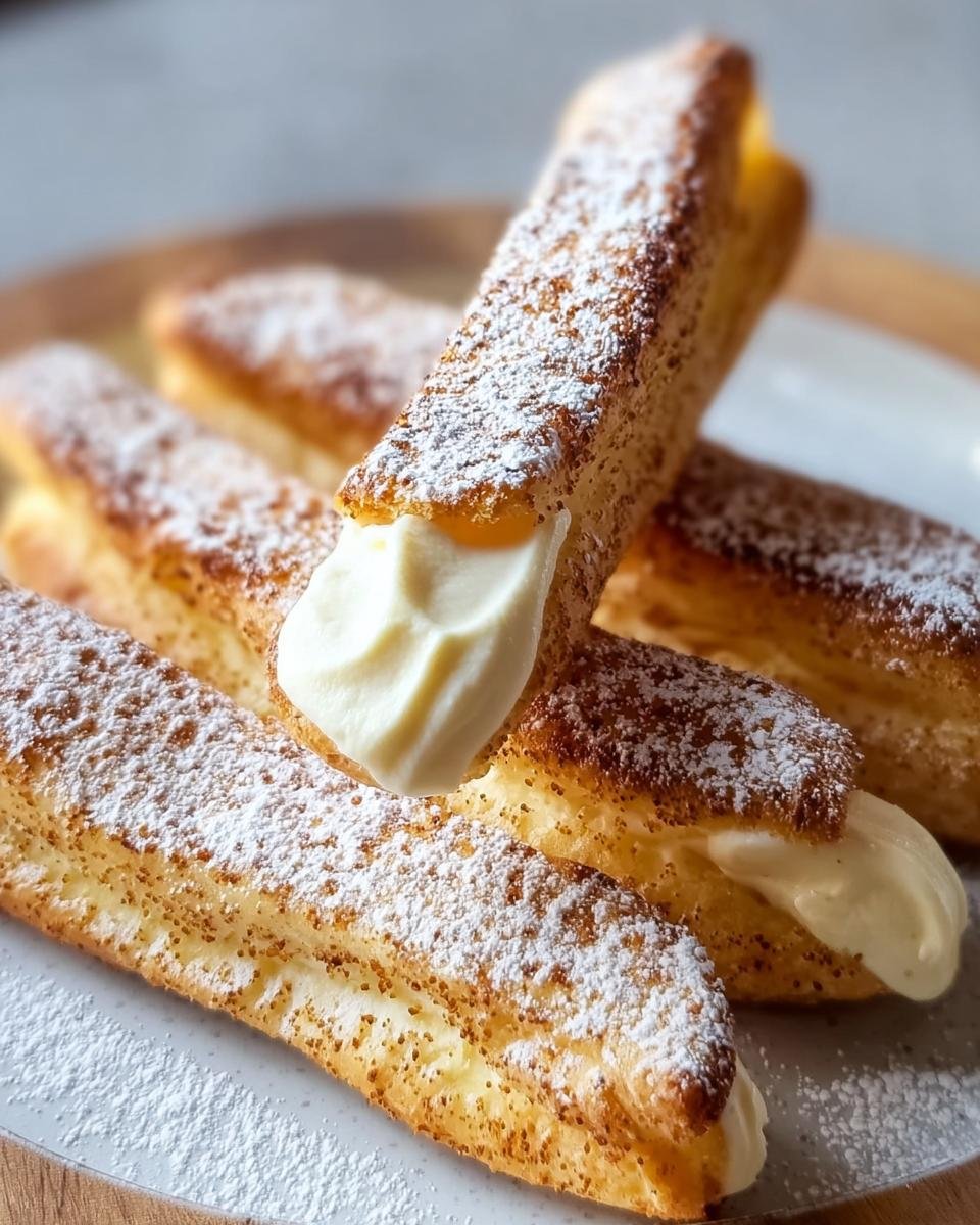 Nahaufnahme von gebackenen Schnelle Quarkstangen, gefüllt mit Quarkcreme und bestäubt mit Puderzucker.