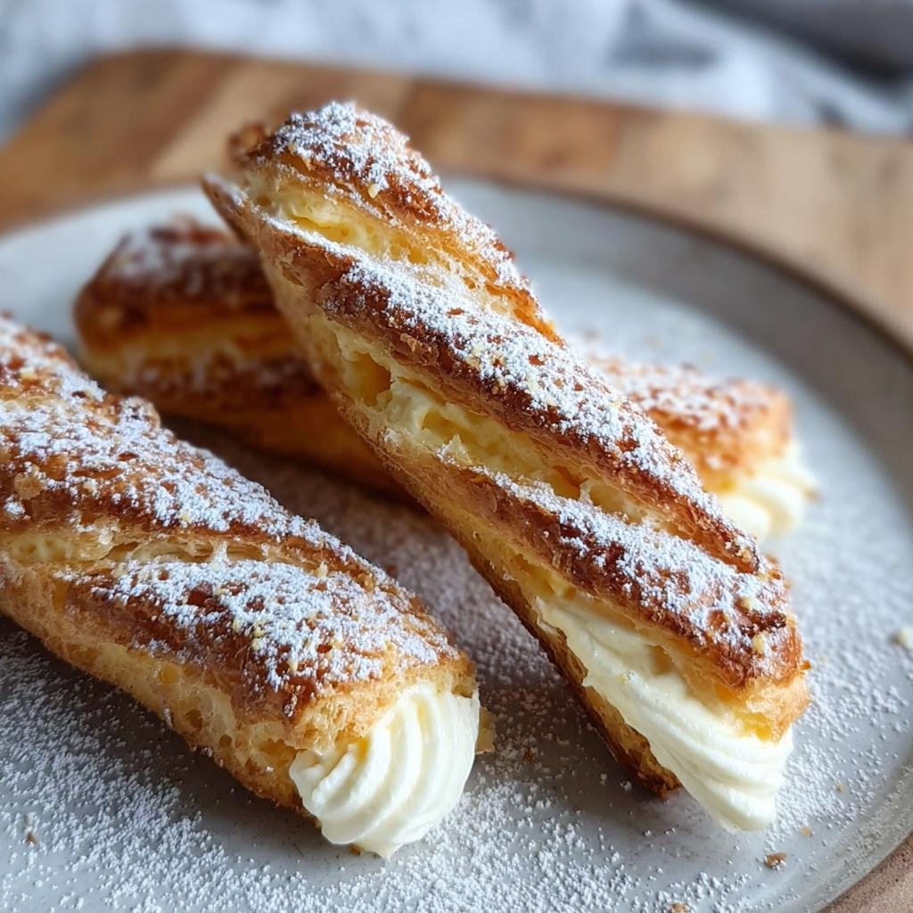 Drei goldbraune Schnelle Quarkstangen, gefüllt mit cremiger Quarkfüllung und bestäubt mit Puderzucker.