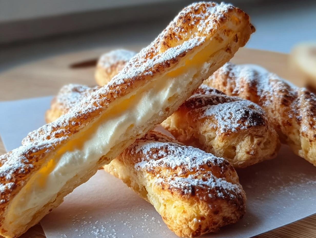 Nahaufnahme von knusprigen Schnelle Quarkstangen, gefüllt mit cremiger Quarkmasse und bestäubt mit Puderzucker.