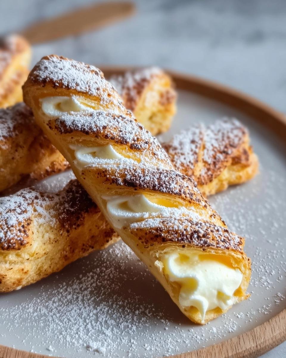 Nahaufnahme von gebackenen Schnelle Quarkstangen, gefüllt mit cremiger Quarkfüllung und bestäubt mit Puderzucker.