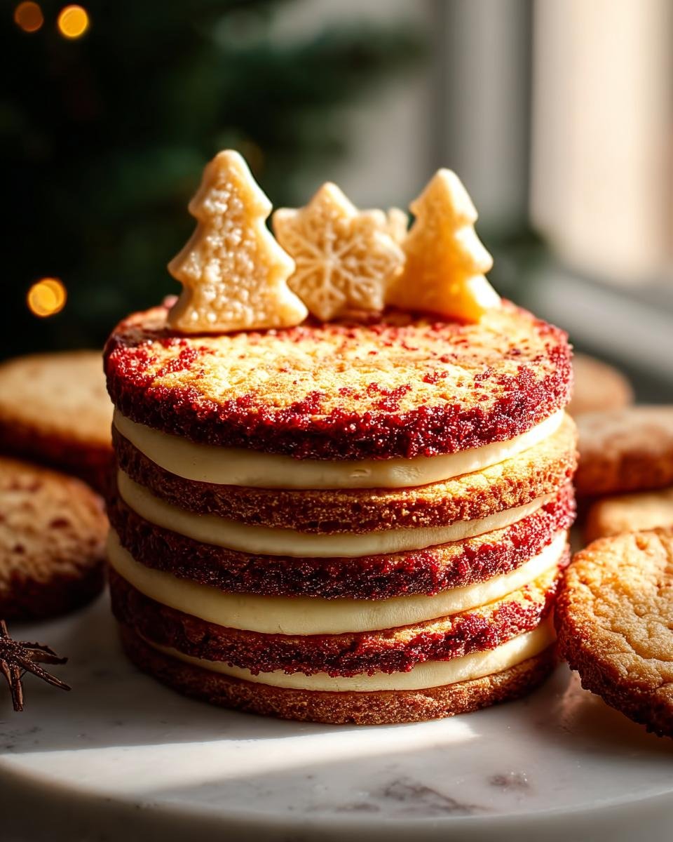 Ein gestapelter kleiner Kuchen oder Keks-Turm mit cremiger Füllung, gekrönt mit Plätzchen in Weihnachtsbaum- und Schneeflockenform, ideal für Xmas Desserts.