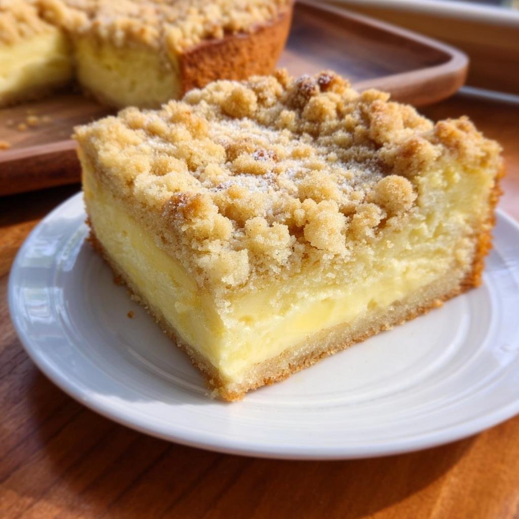 Ein saftiges Stück Schneller Pudding-Streuselkuchen mit dicker Puddingfüllung und knusprigen Streuseln auf einem weißen Teller.