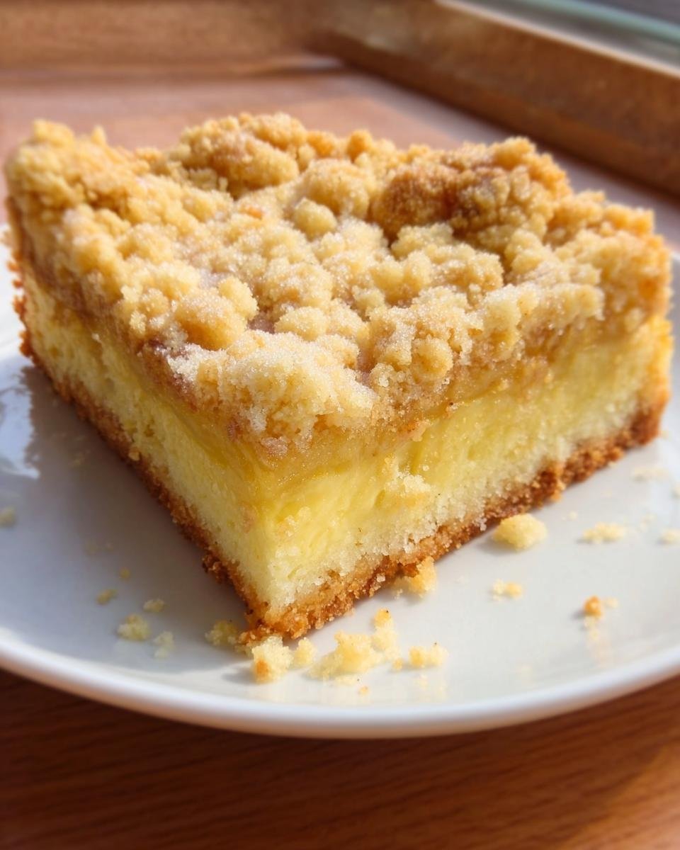 Ein saftiges Stück Schneller Pudding-Streuselkuchen mit dicker Krümelschicht auf einem weißen Teller.