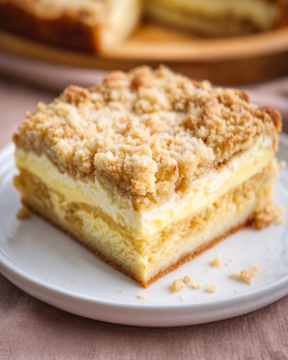 Ein saftiges Stück Schneller Pudding-Streuselkuchen mit dicker Puddingfüllung und knusprigen Streuseln auf einem weißen Teller.