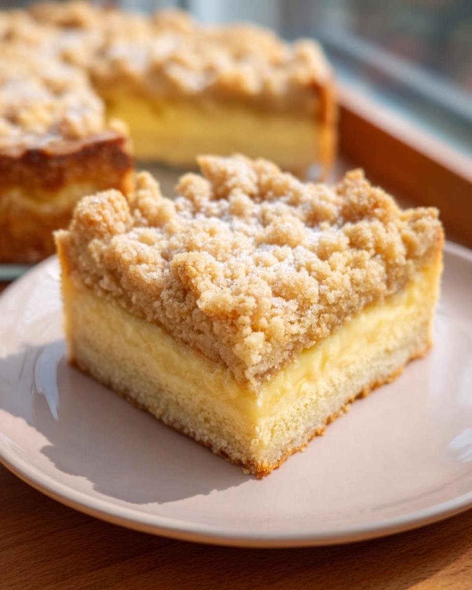 Ein Stück Schneller Pudding-Streuselkuchen mit dicker Puddingfüllung und knusprigen Streuseln auf einem Teller.