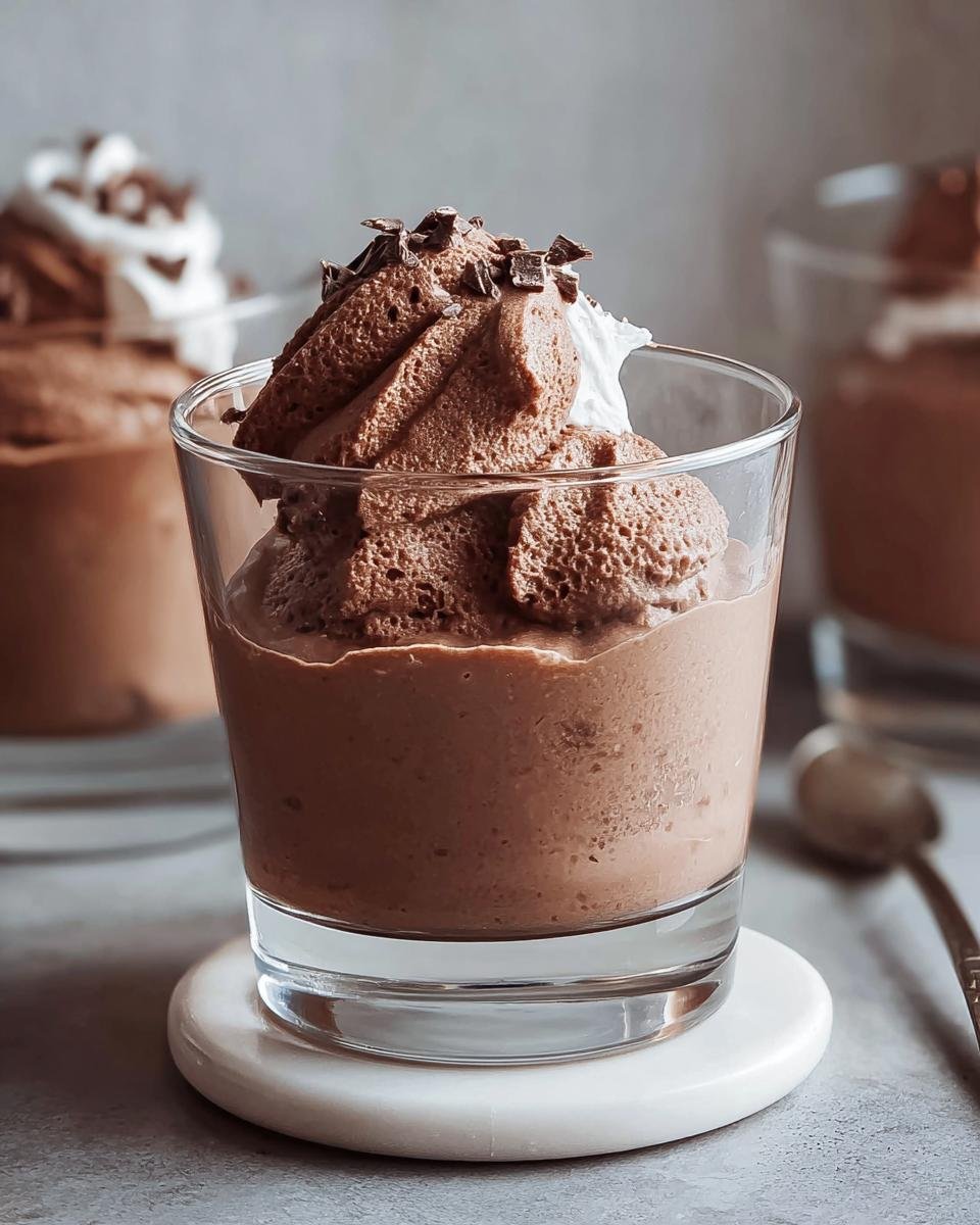 Nahaufnahme eines schnellen Schokoladen-Nachtisch im Glas, garniert mit Sahne und Schokostreuseln.