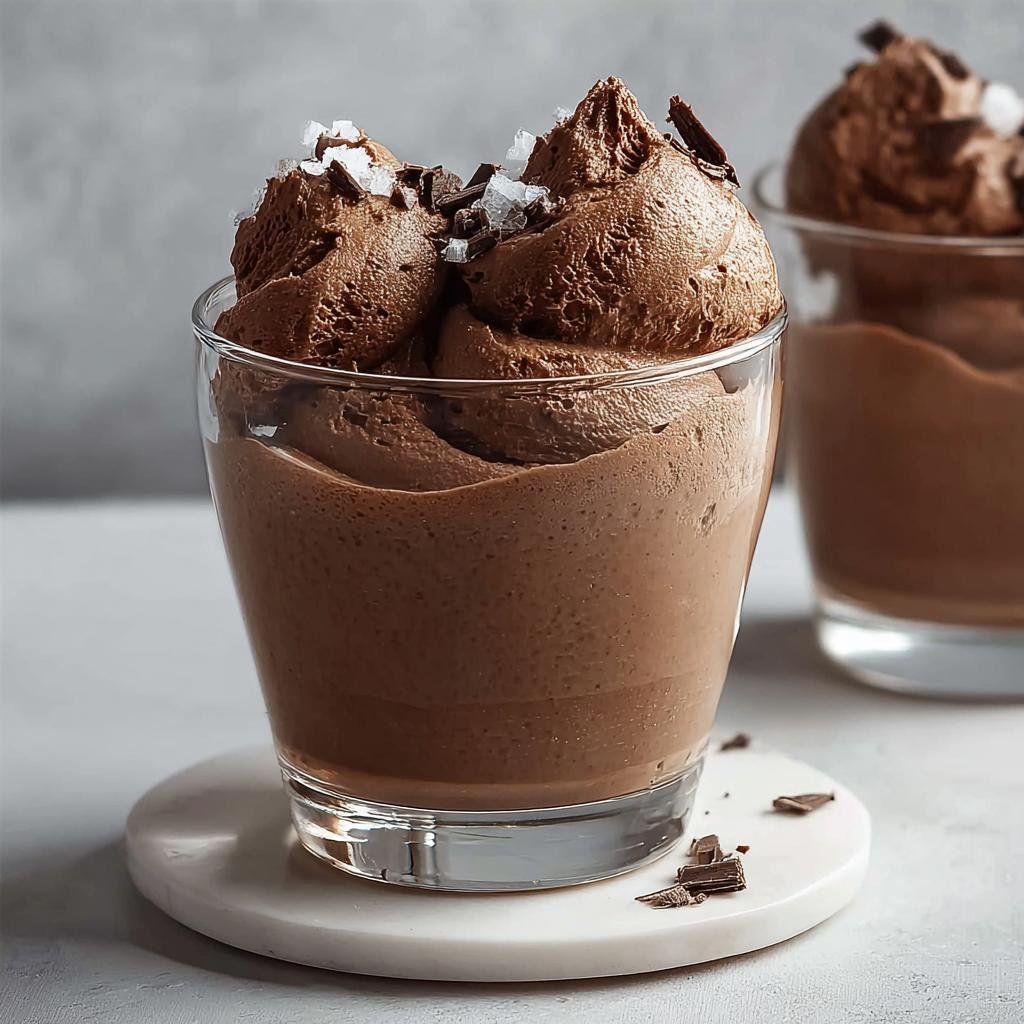 Ein Glas mit cremigem Schokoladenmousse, garniert mit Meersalzflocken und Schokostückchen, ideal als schneller Nachtisch.